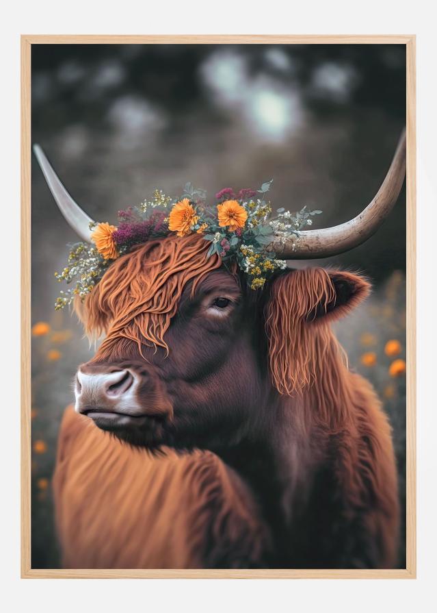 Highland Cow With Flowers Plakāts