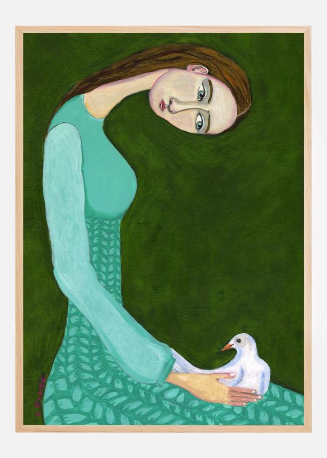 Lady sitting with white dove bird woman Plakāts