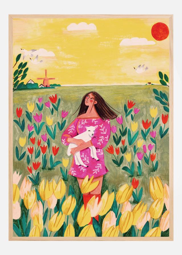 Woman in spring tulip field Plakāts