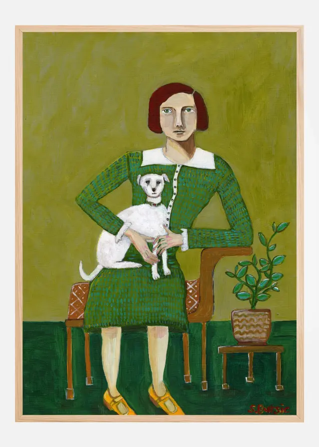 Vintage Lady with her white dog Plakāts