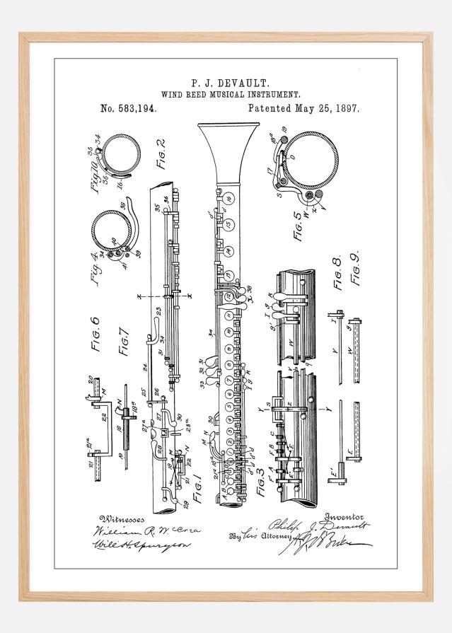 Patent Print - Clarinet - White Plakāts