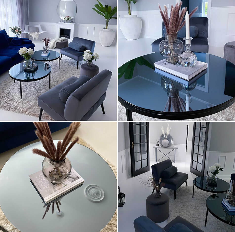 Spoguļgaldi - kafijas galdiņi ar pelēktonētiem spoguļstikliem